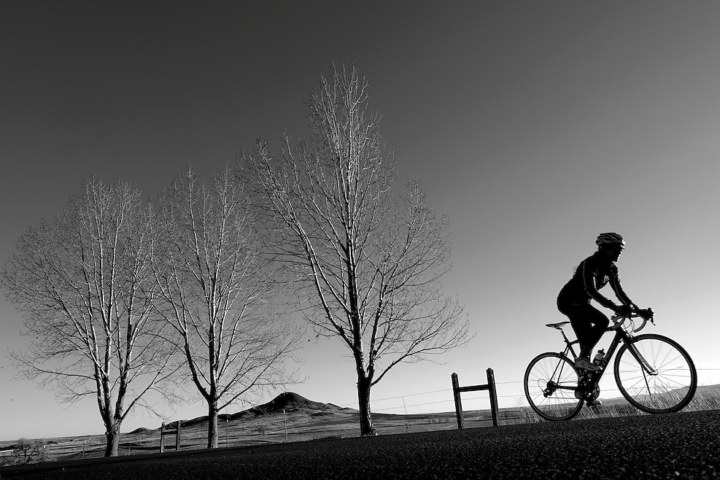 A cyclist rides a bicycle near Boulder Reservoir in Niwot with trees and Haystack Mountain